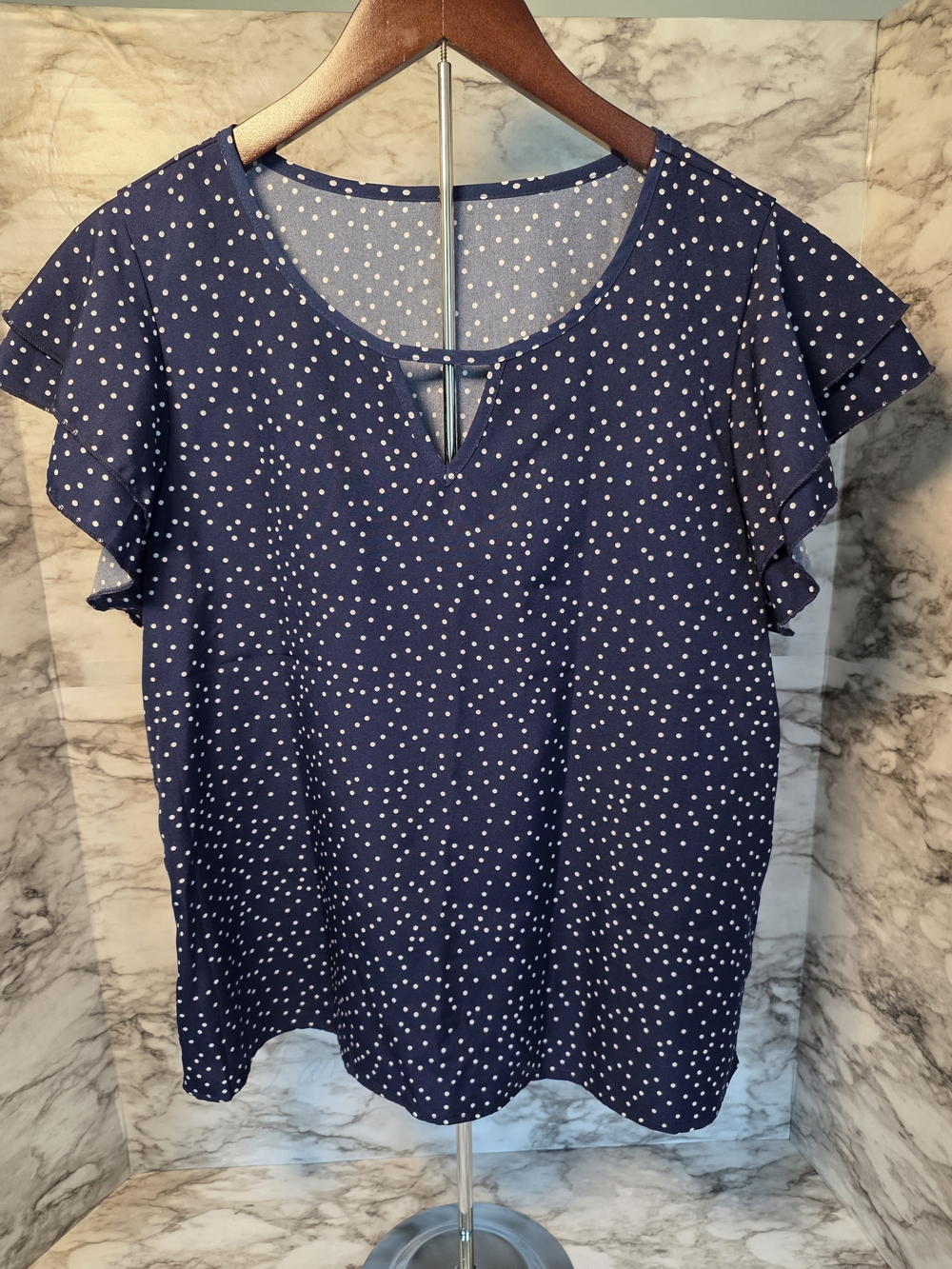 Polka Dot Flutter Sleeve Light Weight Top - Navy and White Polka Dot Medium